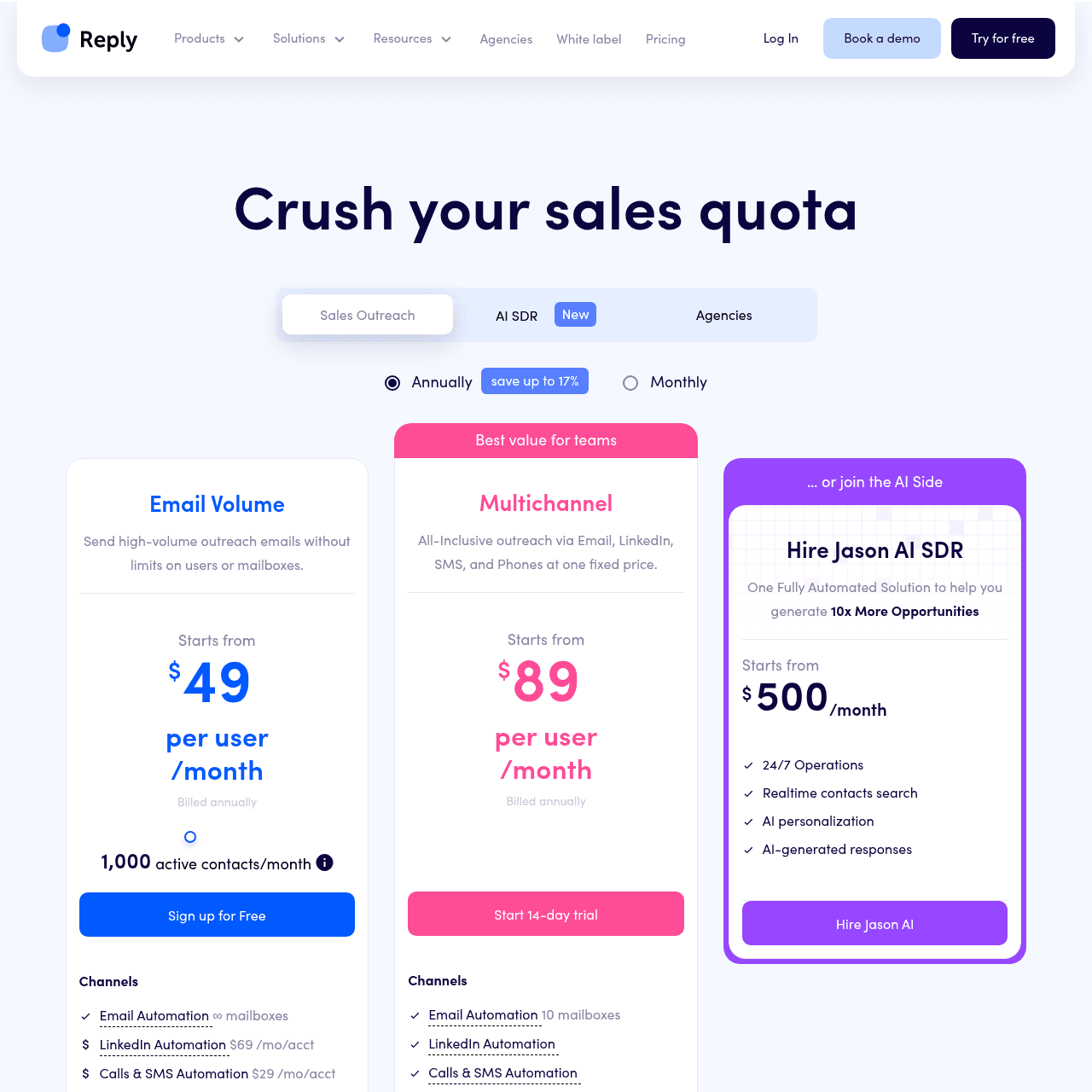 Reply.io pricing page